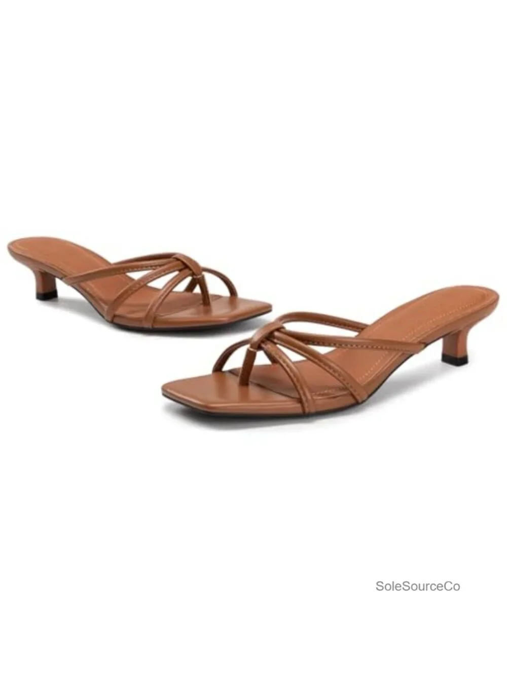 Square Toe Strappy Thong Heeled Sandals Kitten Heels Slip On